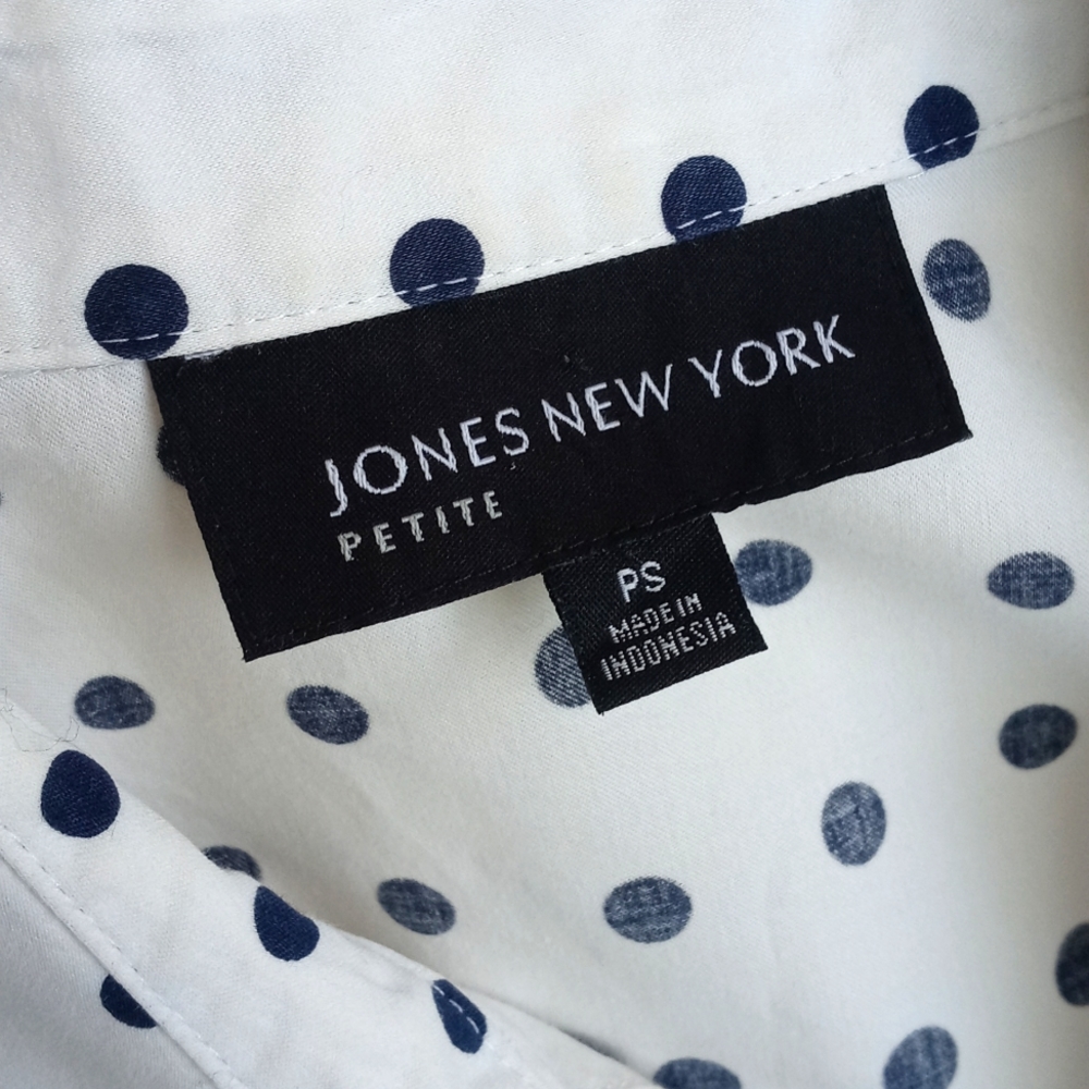 Jones New York White w Navy Blue Polka Dot Mid-Century Modern 3/4 Sleeve Top P/S - Picture 8 of 12